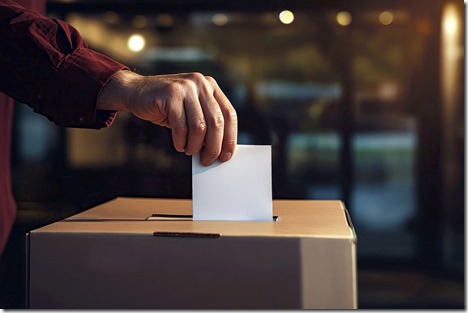 Person Deposits Voting Card Into Ballot Box at Voting Center