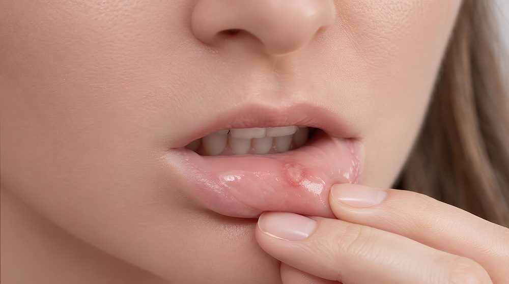 Una persona tocando sus labios con dolor por una posible úlcera o afta bucal.